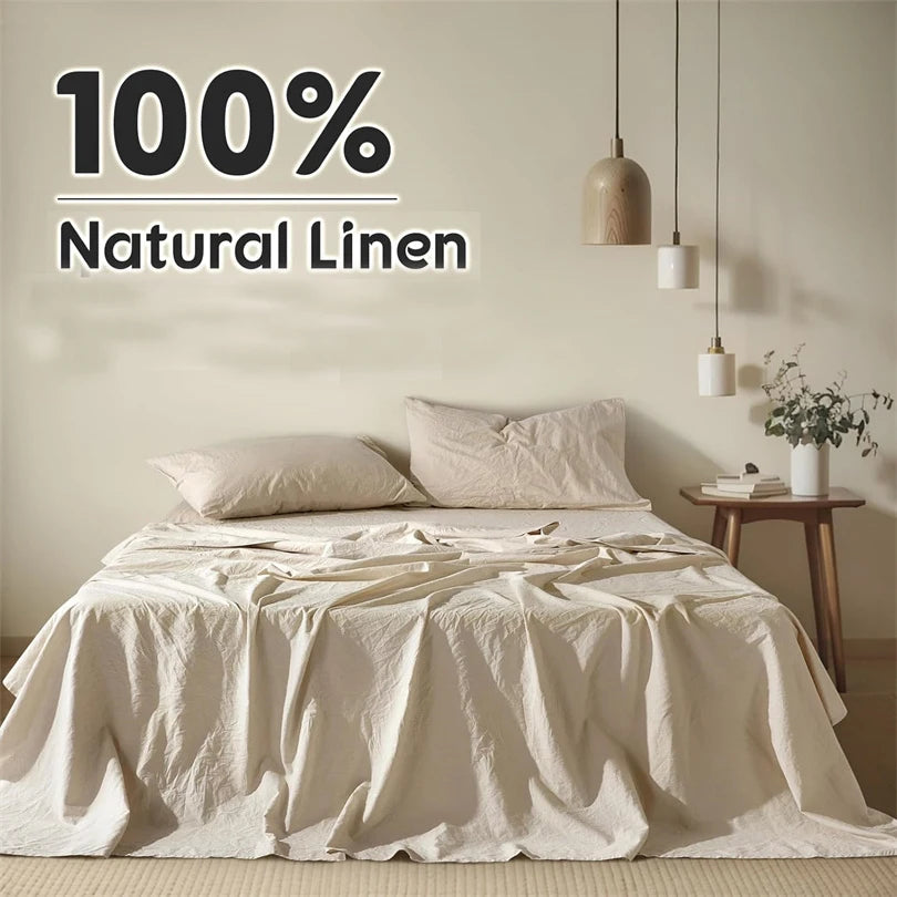 drap housse couette taies d'oreiller literie lin texturé beige taupe minimaliste naturel