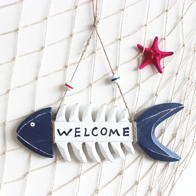 décoration murale plaque bois bleu marine squelette poisson corde bouées rouge bleu