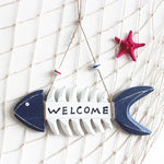 décoration murale plaque bois bleu marine squelette poisson corde bouées rouge bleu