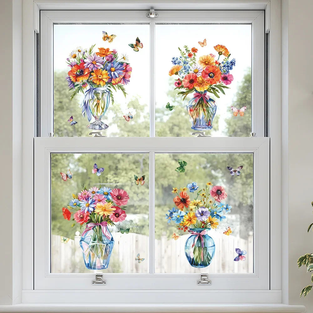 stickers décoratifs fenêtre fleurs vases papillons aquarelle couleurs vives dimension 29cm 23cm pack pièces