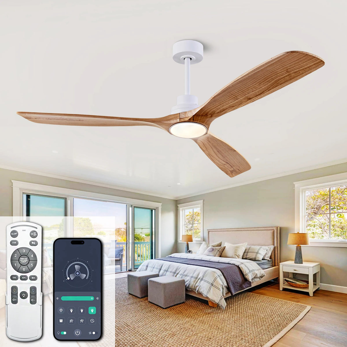 ventilateur bois blanc moderne led télécommande 60 pouces chambre salon lumière minimaliste