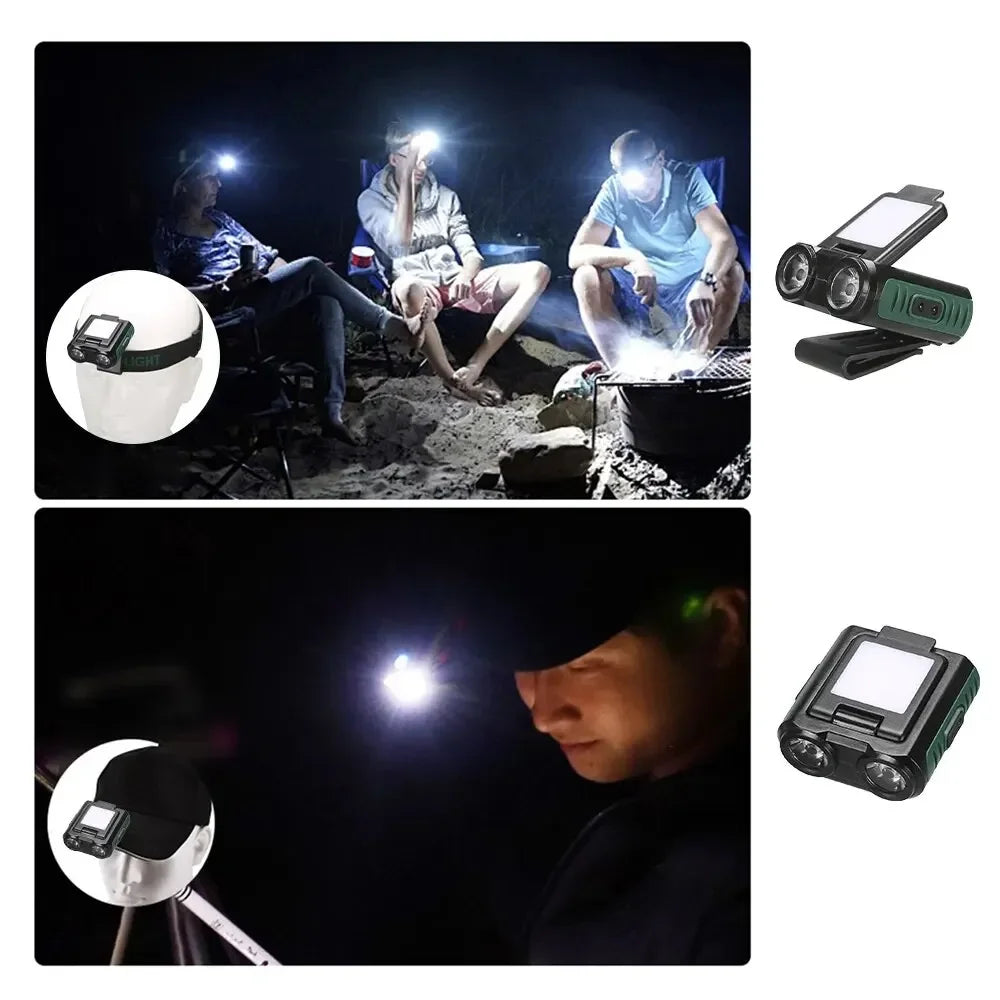 lampe frontale led rechargeable clip headband deux modes lumiere blanche rouge camping pêche