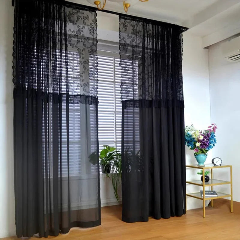rideau noir dentelle transparent classique polyester fleuri fenêtre française decoration