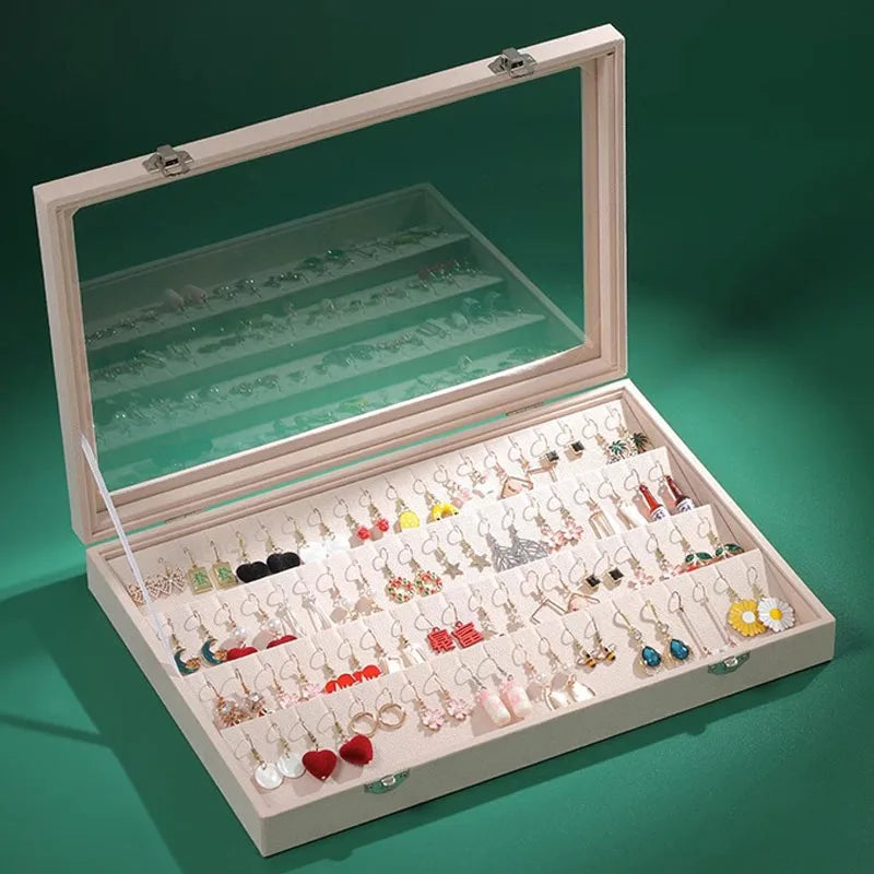boîtes bijoux velours vert gris noir modernes poignées métalliques transparentes 32 boucles d'oreilles rangement
