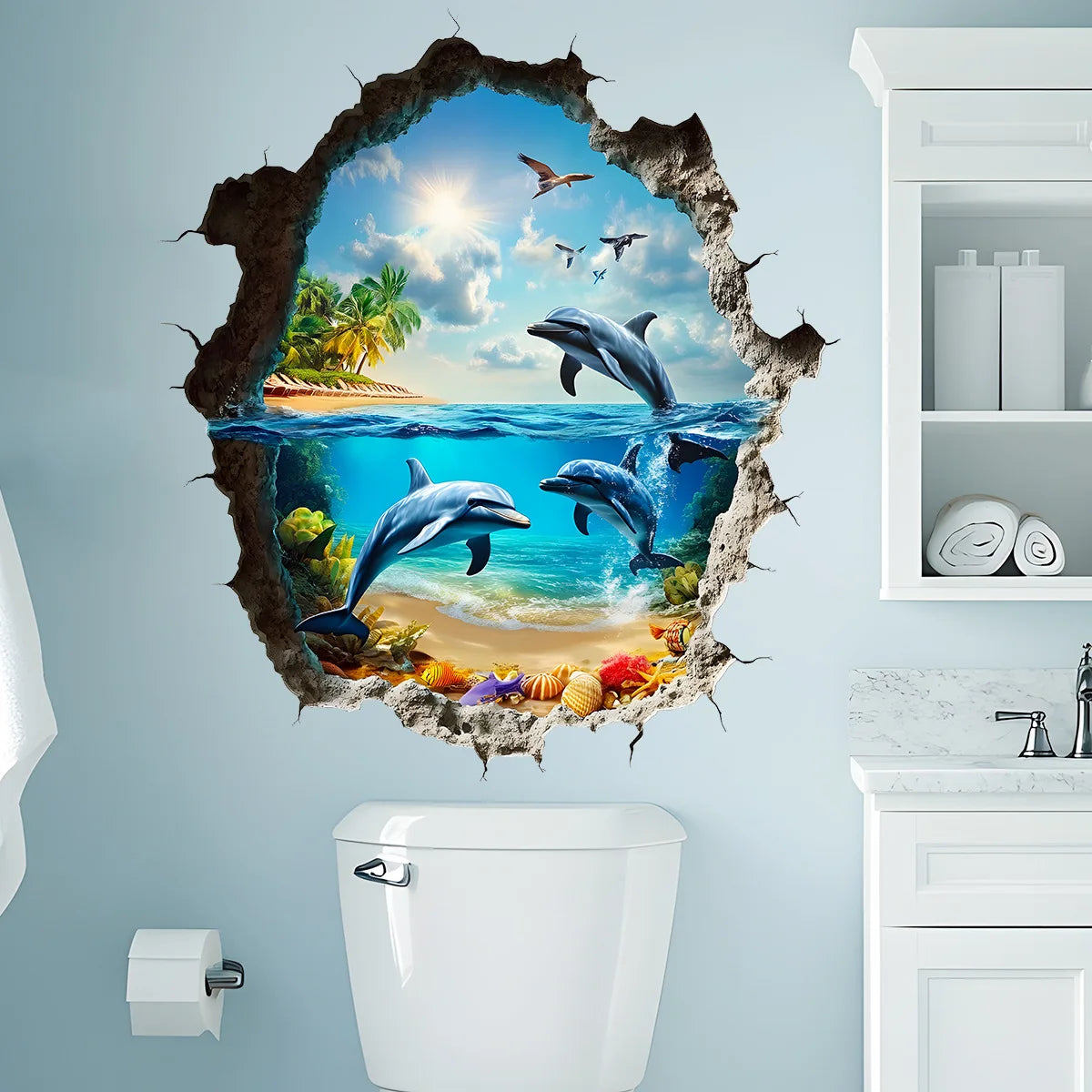 autocollants muraux 3d paysage marin dauphins palmiers plage ciel oiseaux enfants salon chambreOpaque Bleu