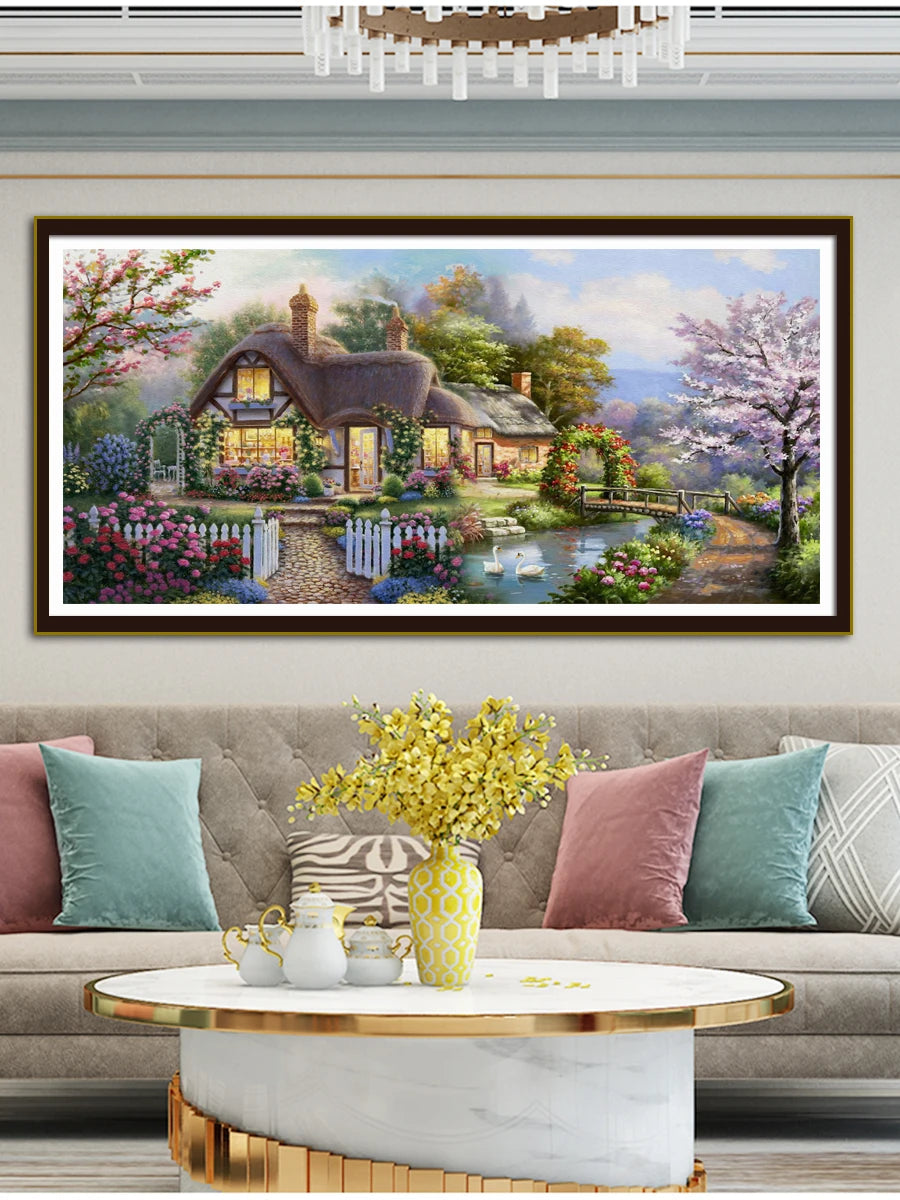 kit broderie paysage rural maison jardin fleuri pont animaux tissu imprimé peinture moderne multicolore