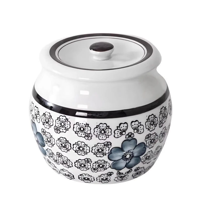 pots épices céramique fleurs stylisées couvercle cuillère plastique blanc rouge bleu noire hermétique kitchen