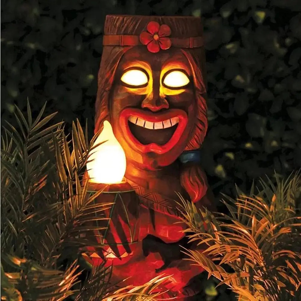 masque tiki lumineux résine ethnique motifs décoratifs patio extérieur marron jaune vert rouge blanc