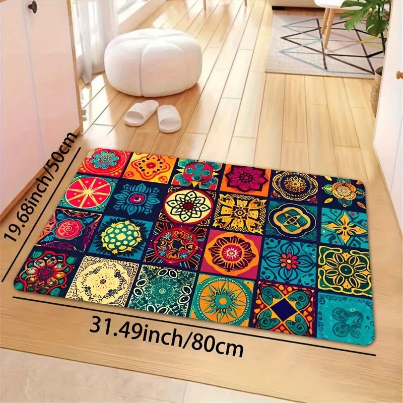 tapis boho chic multicolore motifs floraux géométriques variés salle bain