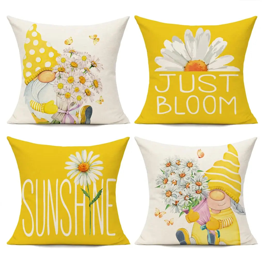 taies d'oreiller décoratives gnome fleurs blanc jaune cartoon motif floral non toxique respectueux environnement