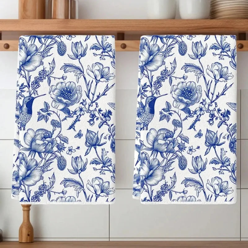 serviettes cuisine blanc bleu fleurs oiseaux classique vintage décoratives lingettes humides porcelaine microfibre