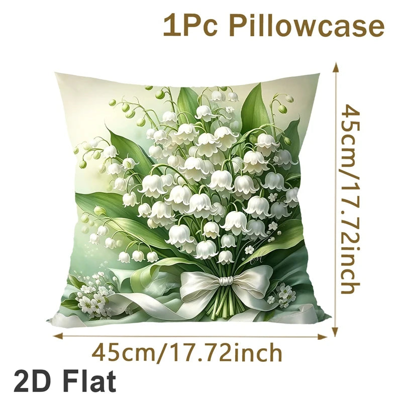 coussin fleurs muguet ruban blanc classique 45x45cm lit maison polyester blanc vert beige