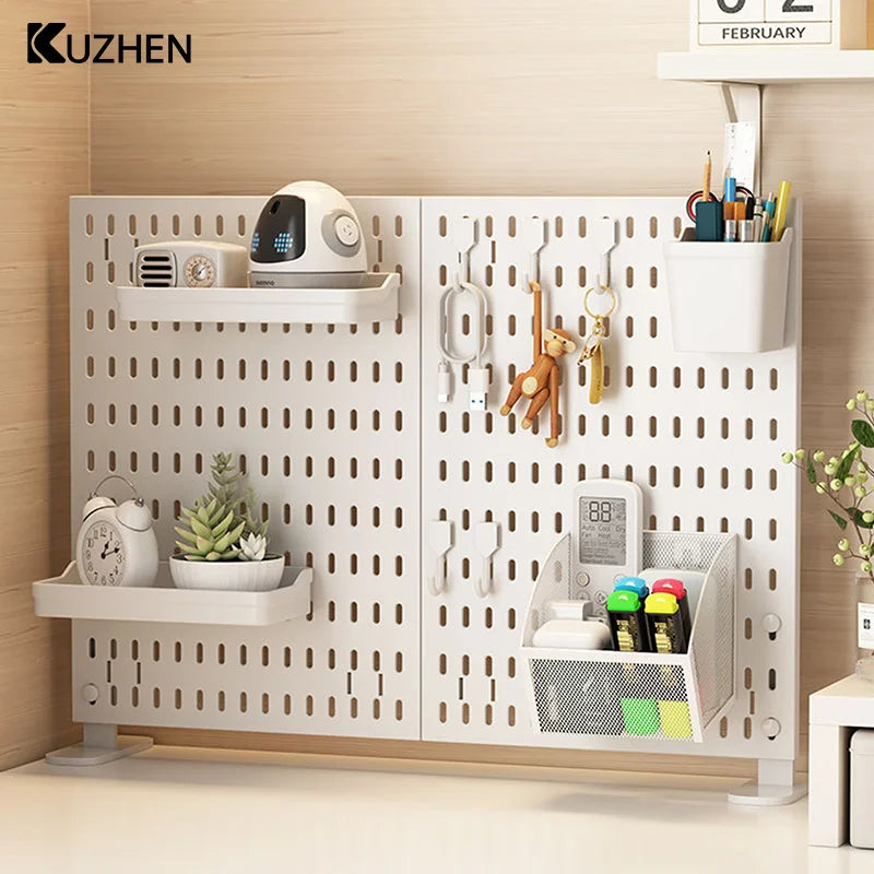 panneau rangement perforé blanc moderne fixation murale porte clés cache câbles support plante horloge