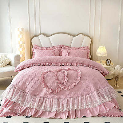 Parure de lit princesse coréenne rose blanc avec dentelle sur un lit