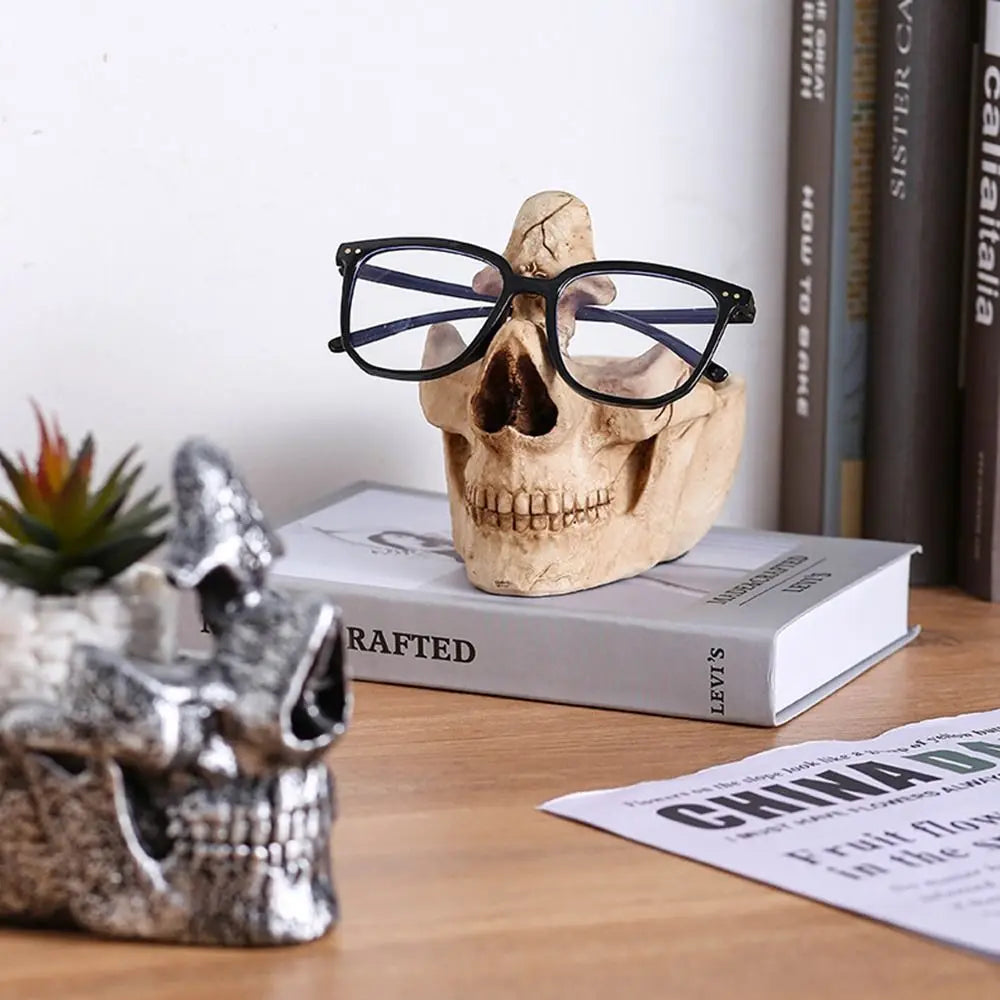 présentoir lunettes crâne sculpté beige gris métallisé artisanal décoration pot cactus rangement porte