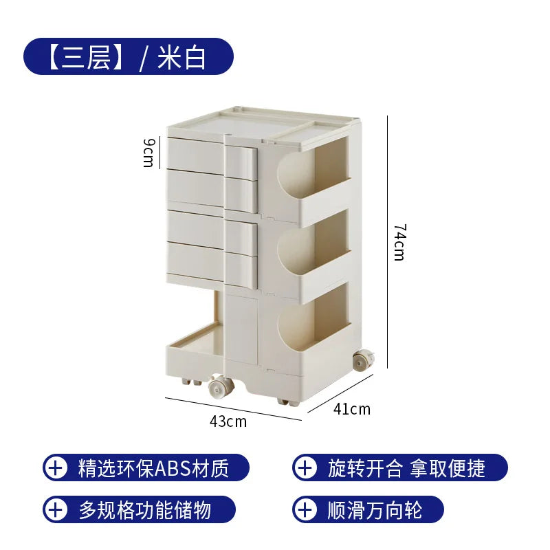 support stockage rotatif multifonction moderne plastique blanc orange vert minimaliste roulettes portatif