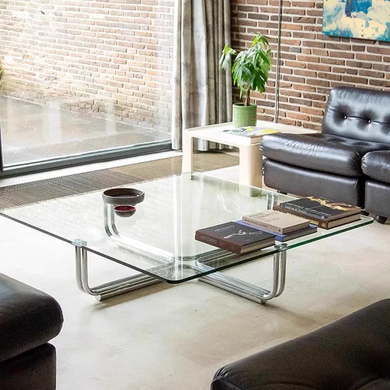 table basse moderne minimaliste transparente verre chromé pieds simples salon chambre