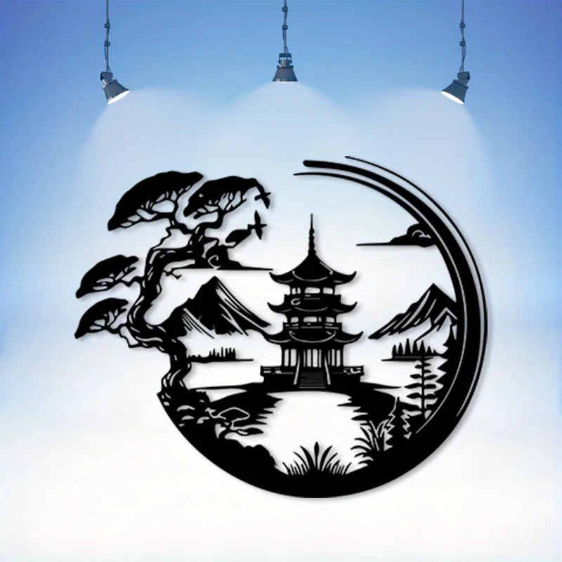 décoration murale paysage japonais pagode montagnes arbre minimaliste plaque murale noir artisanal
