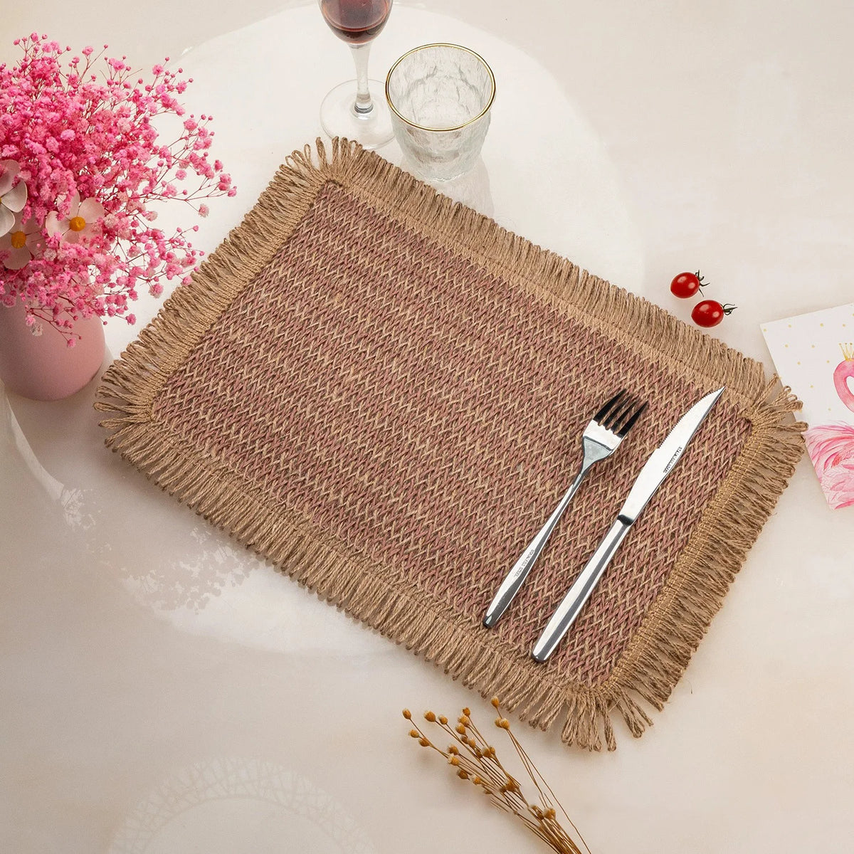 Sets table rectangulaires tressés bohèmes beige marron vert olive franges rustiques naturels