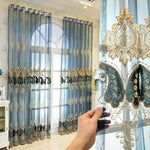 rideau brodé floral bleu clair élégant résistant l’eau fenêtre française transparent tulle