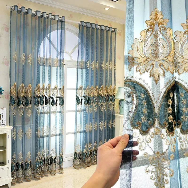 rideau brodé floral bleu clair élégant résistant l’eau fenêtre française transparent tulle