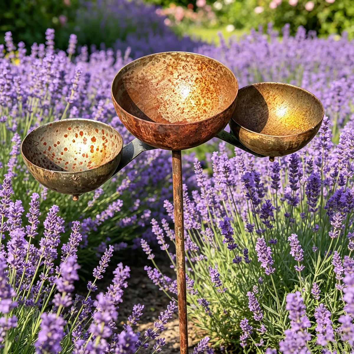 fontaine oiseaux marron rustique texture vieillie artisanale tige métallique oiseaux blancs jardin extérieur