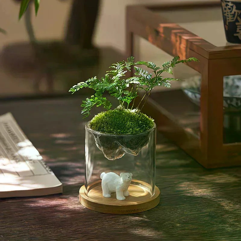 miniature végétale terrarium verre transparent plante verte ours blanc décoration naturelle maison cadeau unique