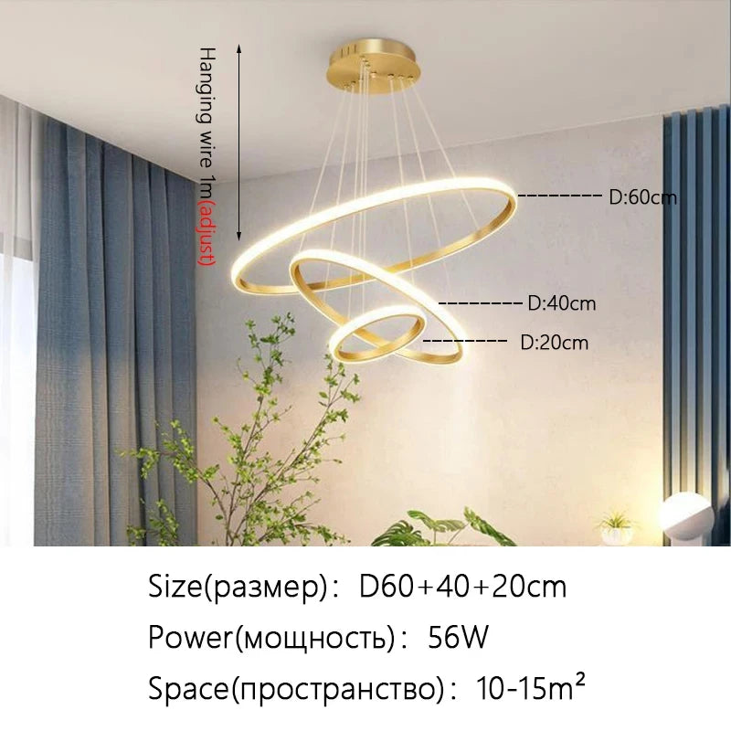 suspension lumineuse moderne or blanc anneaux superposés intérieur chambre salon