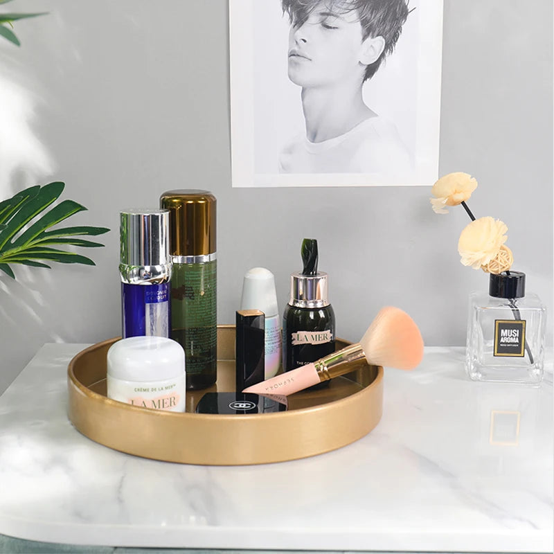 présentoir rond moderne plateau uni vert foncé orange noir maquillage soins parfums cosmétiques table