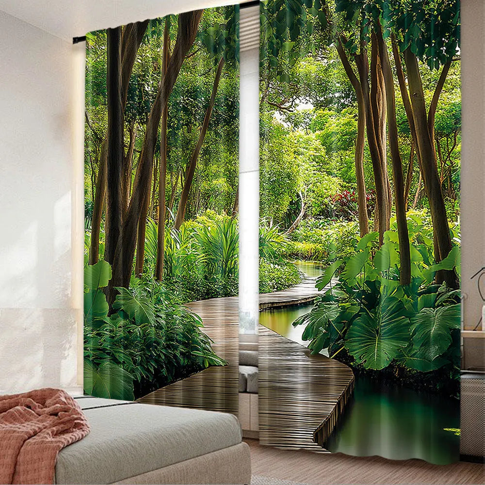 rideau vert arbres forestier pont bois rivière moderne opacité chambre salon