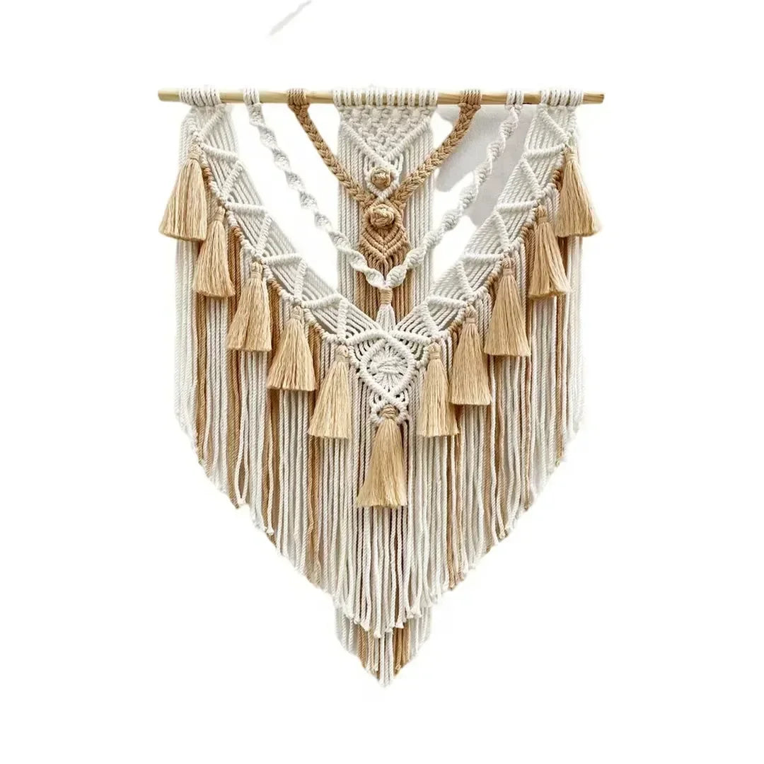 tapisserie macramé boho chic beige motifs géométriques franges moderne suspension maison