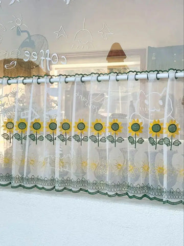 rideau floral transparent polyester blanc jaune vert motif tournesol bordure dentelée salon cuisine