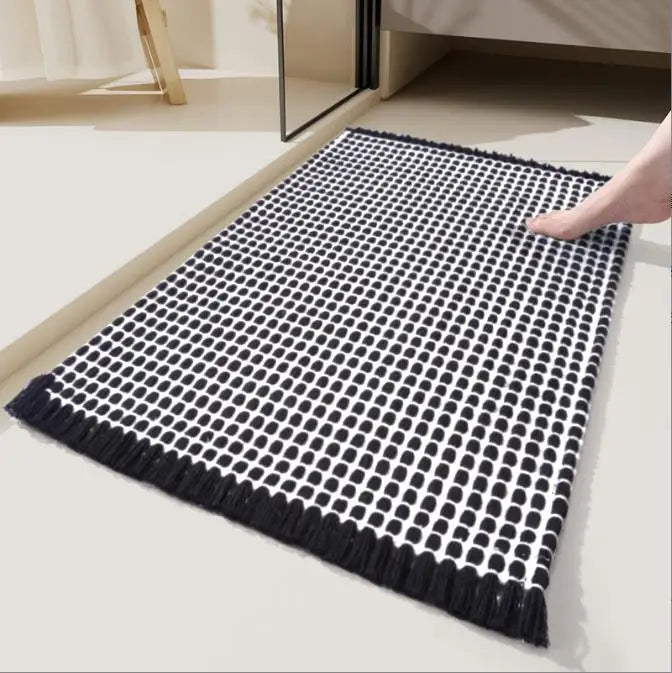 tapis bain microfibre moderne franges beige gris absorbant respectueux environnement