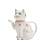 théière céramique forme chat motifs floraux tasses fleurs figurine chat blanc rouge bleu
