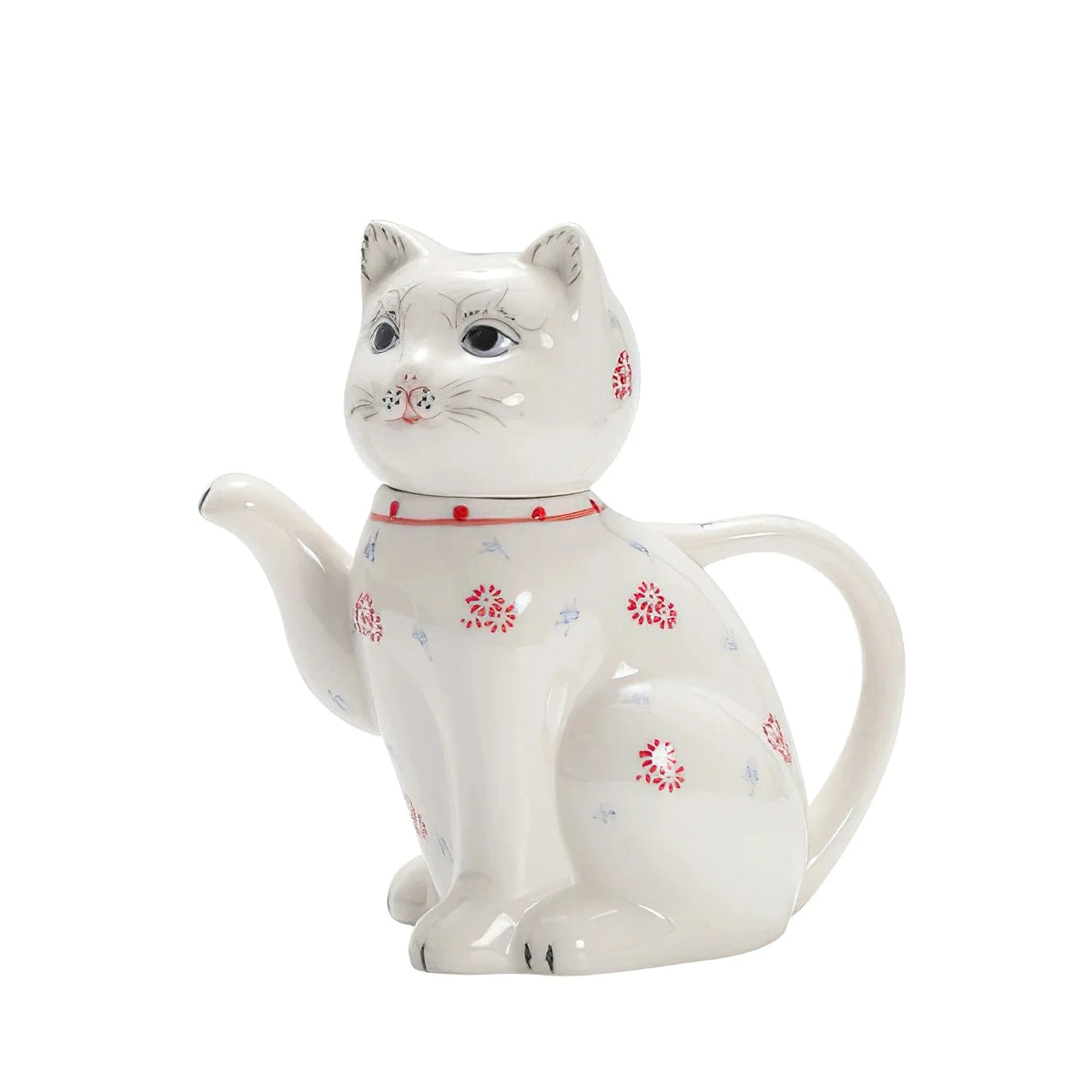 théière céramique forme chat motifs floraux tasses fleurs figurine chat blanc rouge bleu