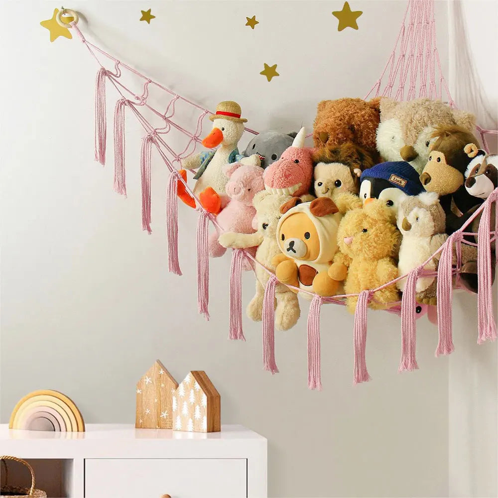 hamac suspendu boho rose blanc vert franges tissage moderne chambre enfants rangement jouets