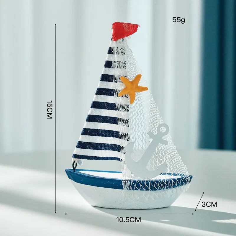 décoration maison bateau voile miniature blanc bleu clair coquillage étoile mer oiseau filet pêche