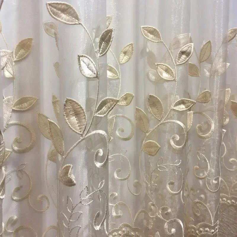 rideau tulle transparent broderie feuilles dorées beige classique salon chambre salon salle manger