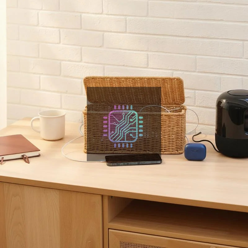 panier marron clair tressé moderne rangement chargeur usb câble smartphone maison