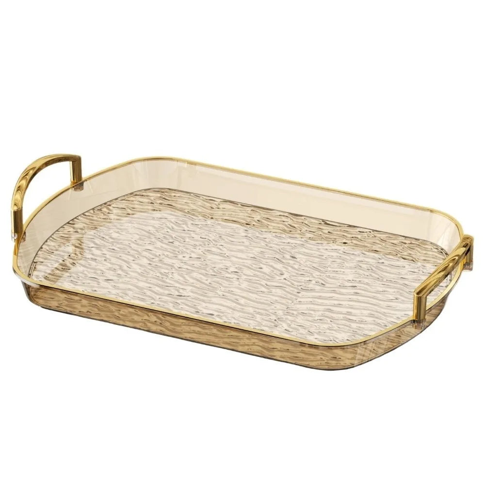plateau rectangulaire moderne élégant poignées métalliques transparent doré texture marbrée bijoux parfums tasses