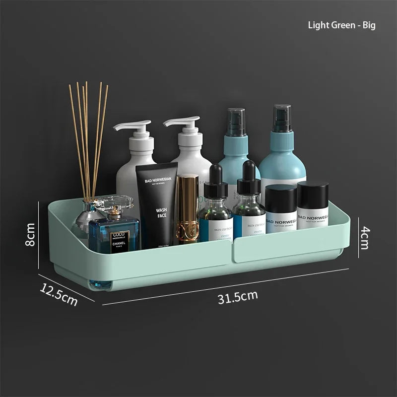 étagère rangement murale adhésive bleu jaune blanc moderne bouteilles flacons pots cosmétiques salle bains