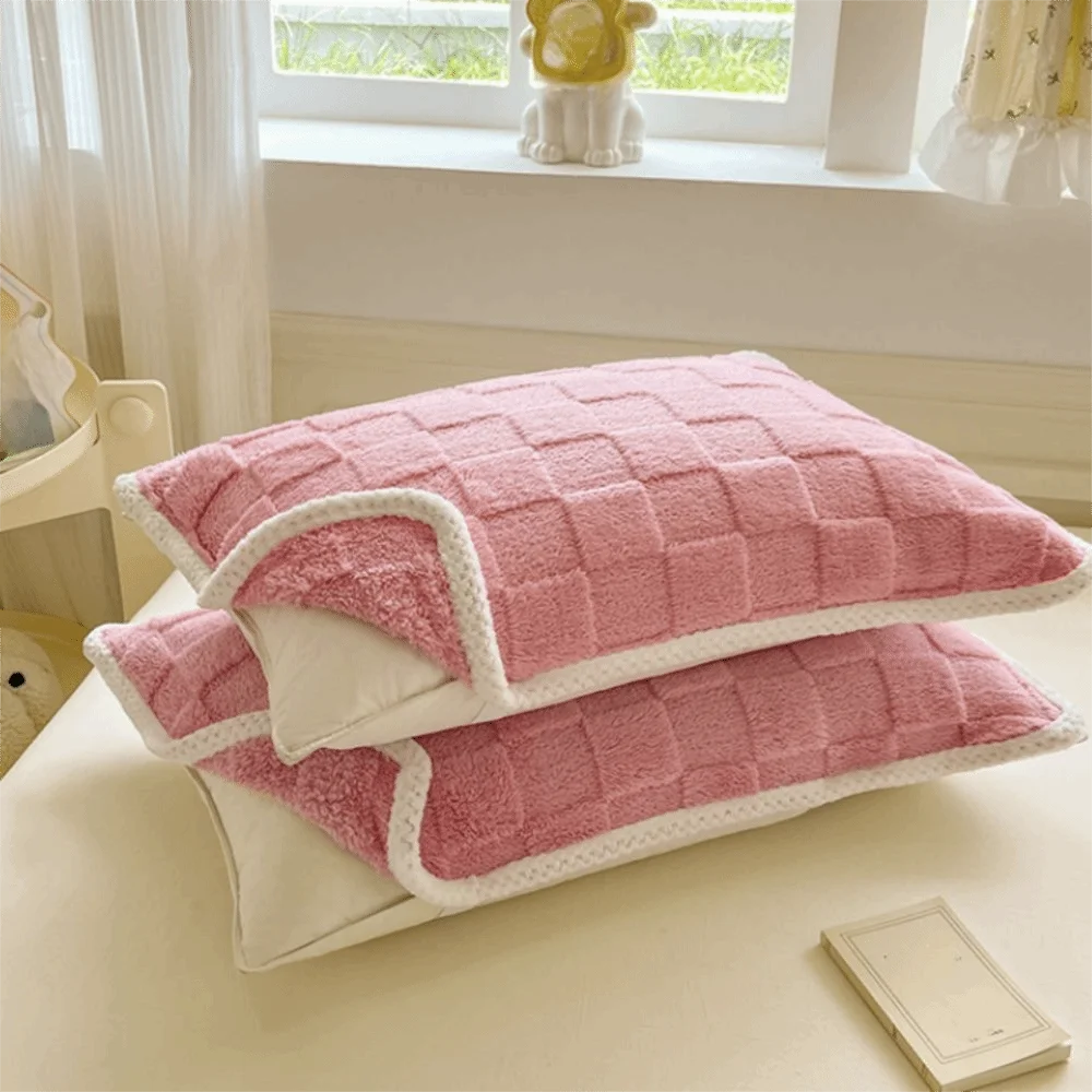 taies d'oreiller coton polyester motif carrés modernes vert gris rose opaques fixés coussin protection