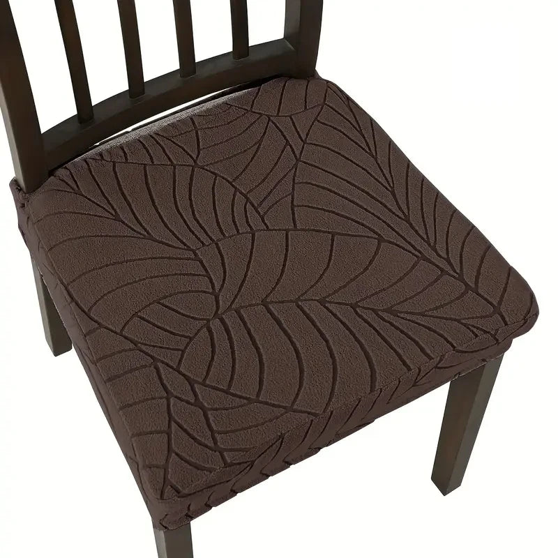 Housse chaise moderne feuilles stylisées beige gris marron bleu clair élastique poly spandex