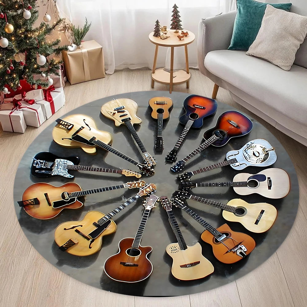 tapis rond guitares multicolores moderne salon chambre décoration extérieur salle bain noir