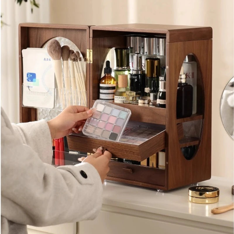 meuble rangement cosmétique moderne bois foncé brosse maquillage palette fards flacons produits cosmétiques boîtes