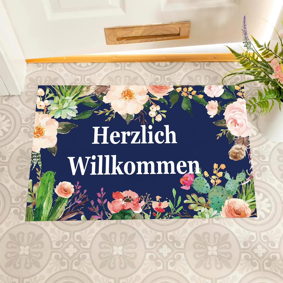 tapis bienvenue fleurs cactus vert bleu marine moderne antidérapant extérieur intérieur porche