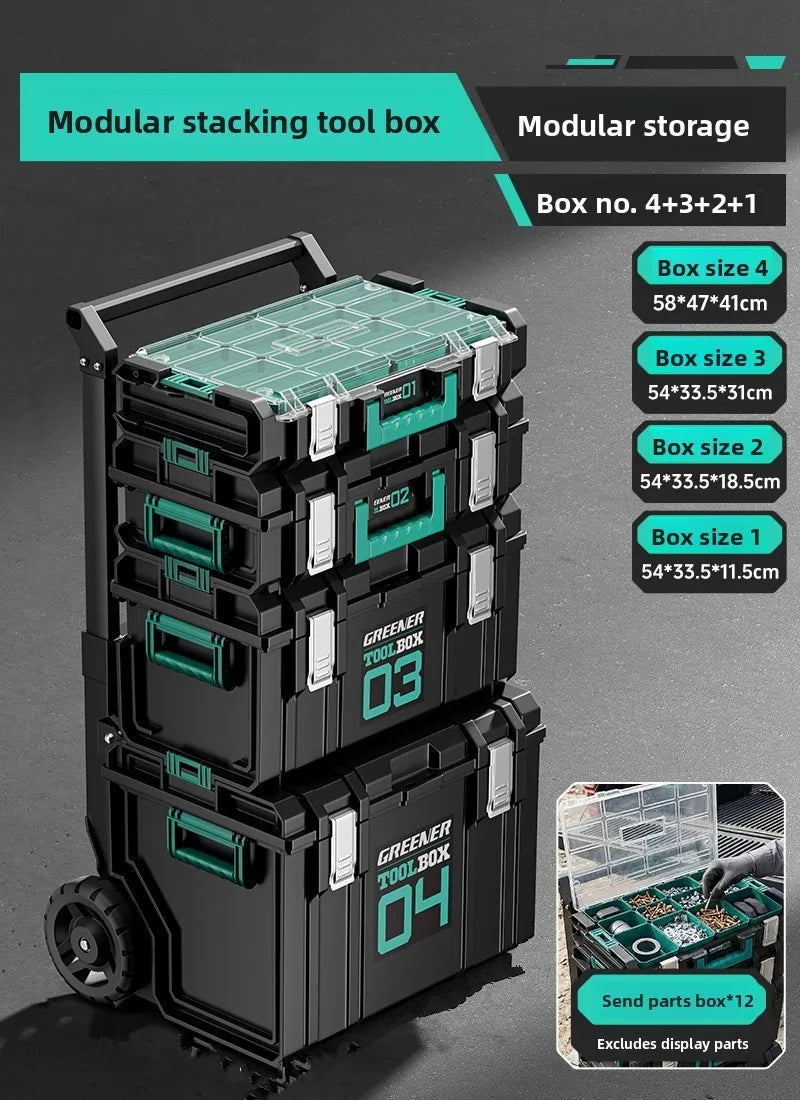 boîte outils modulaire noire verte pratique robuste poignées roulettes empilable grande capacité
