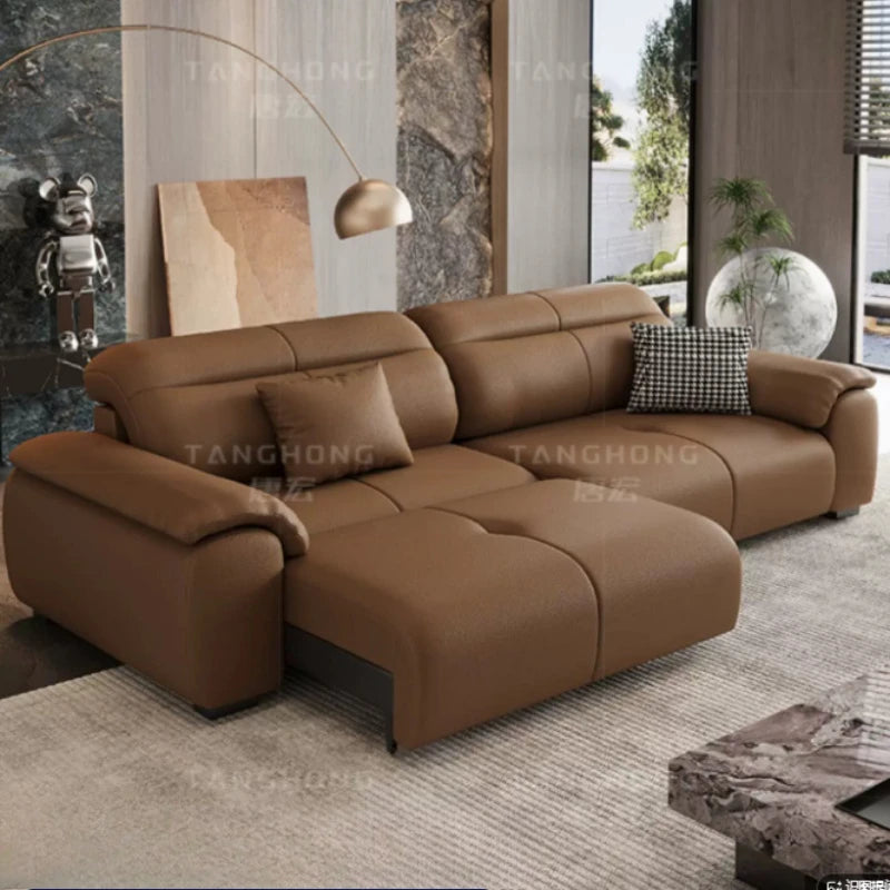 canapé d'angle bois contemporain marron coussins inclinable téléscopique salon maison