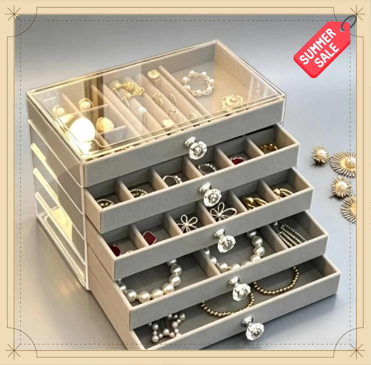 boîte bijoux gris velours anti oxydation portable moderne poignées fleurs