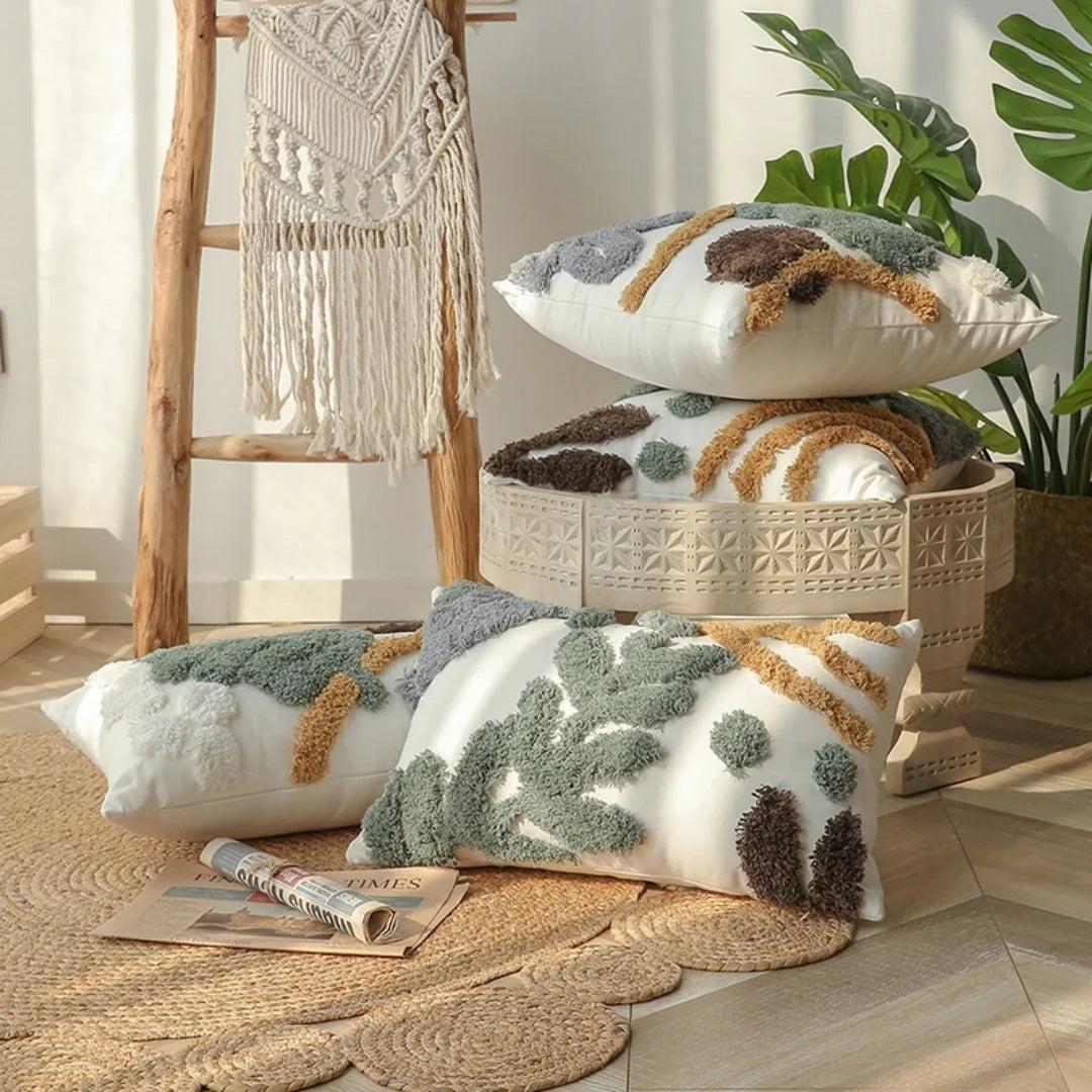 housse coussin décoratif feuilles brodées polyester coton blanc vert marron gris 30x50cm 45x45cm salon